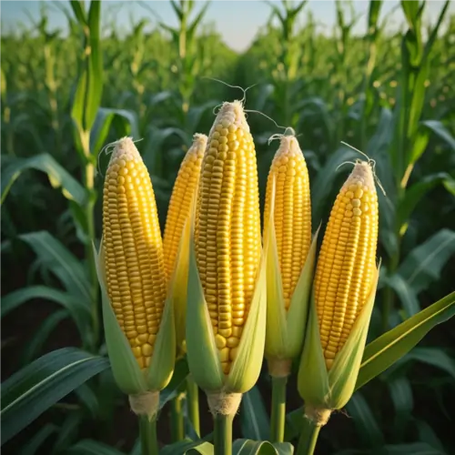Golden maize cobs growing in a healthy green maize field