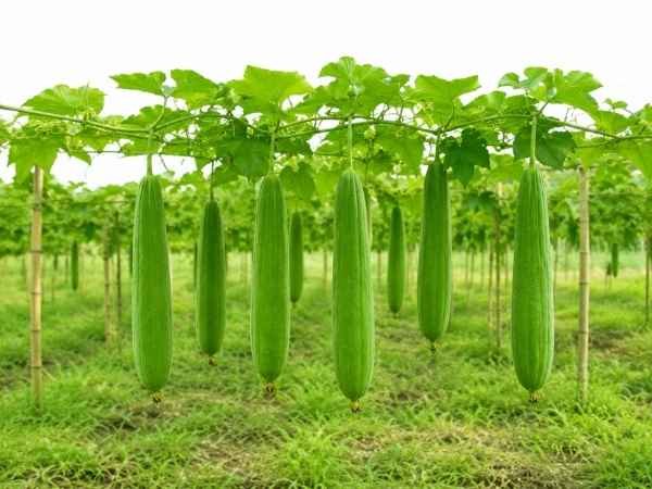 Long green sponge gourds growing on healthy vines in a vegetable field