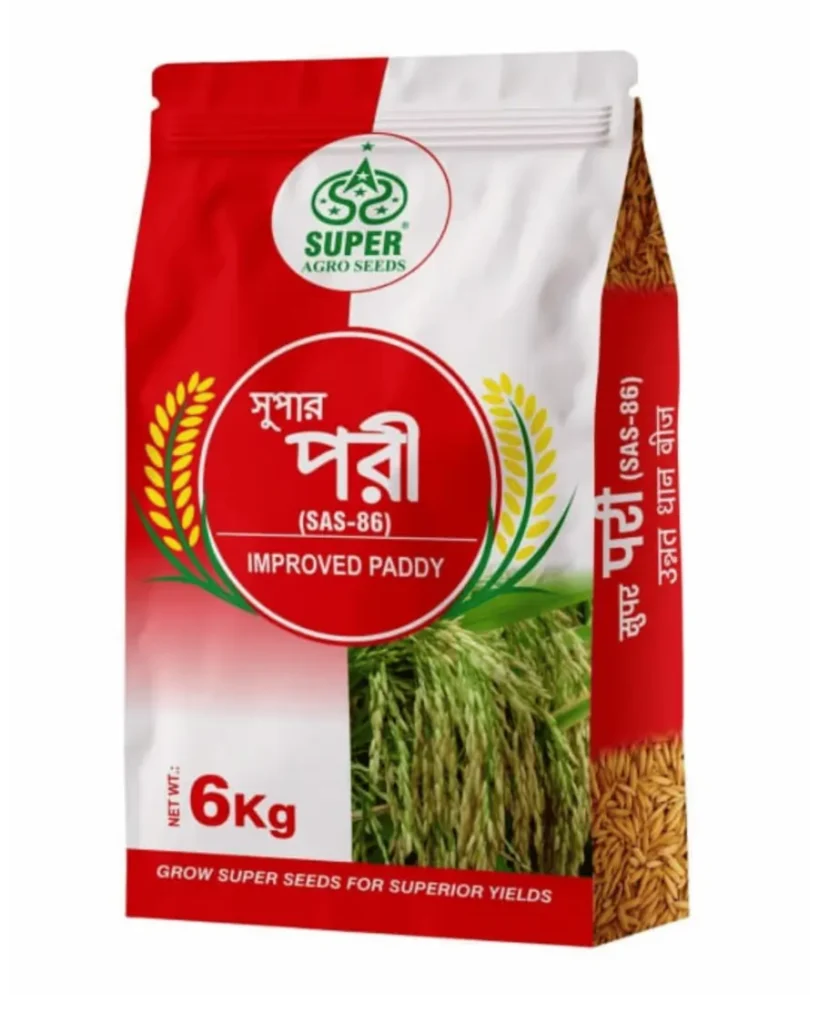 Super Paree (SAS-86) Improved Paddy Seeds packaging by Super Agro Seeds