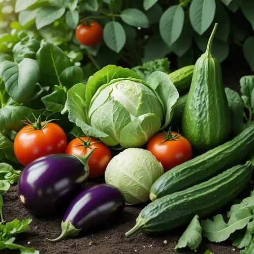 Fresh vegetables including brinjal, cabbage, tomato and cucumber for vegetable seeds